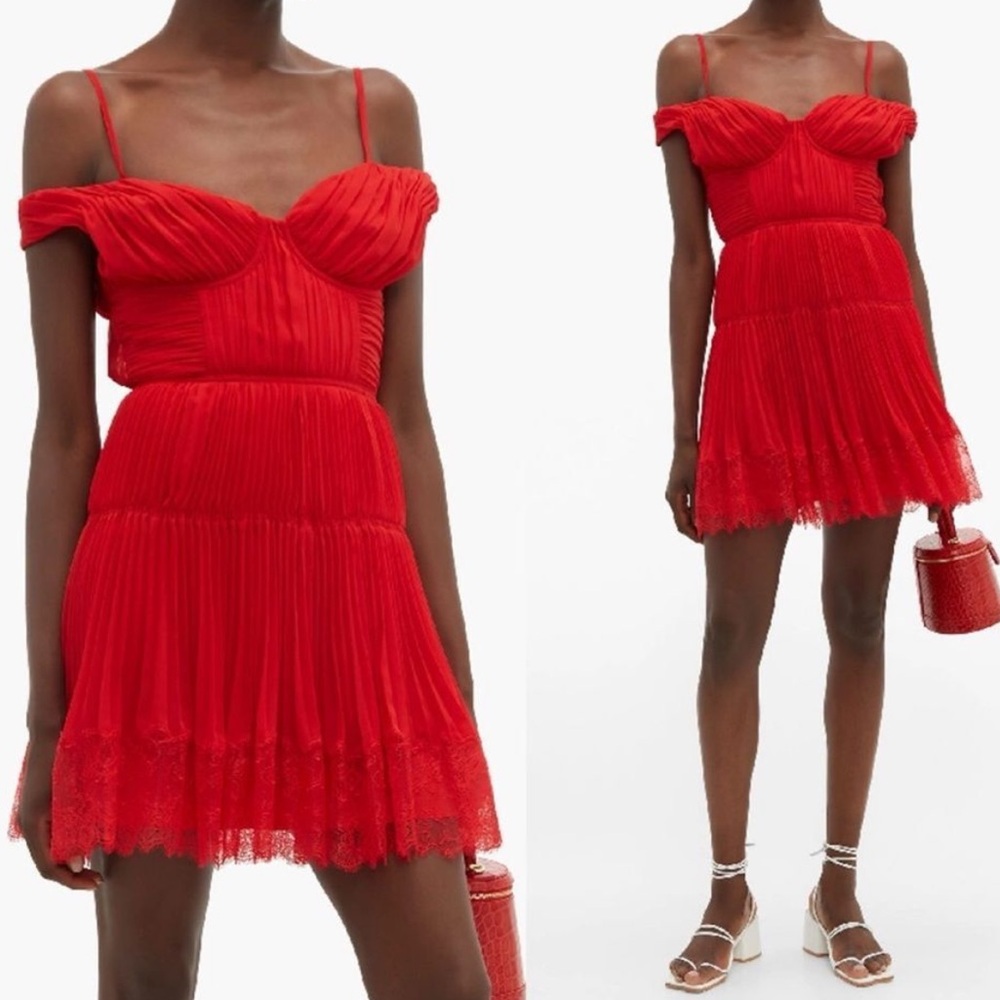 NEW Self-Portrait Off-shoulder Gathered Chiffon Lace Trim Red Mini Dress Size 6